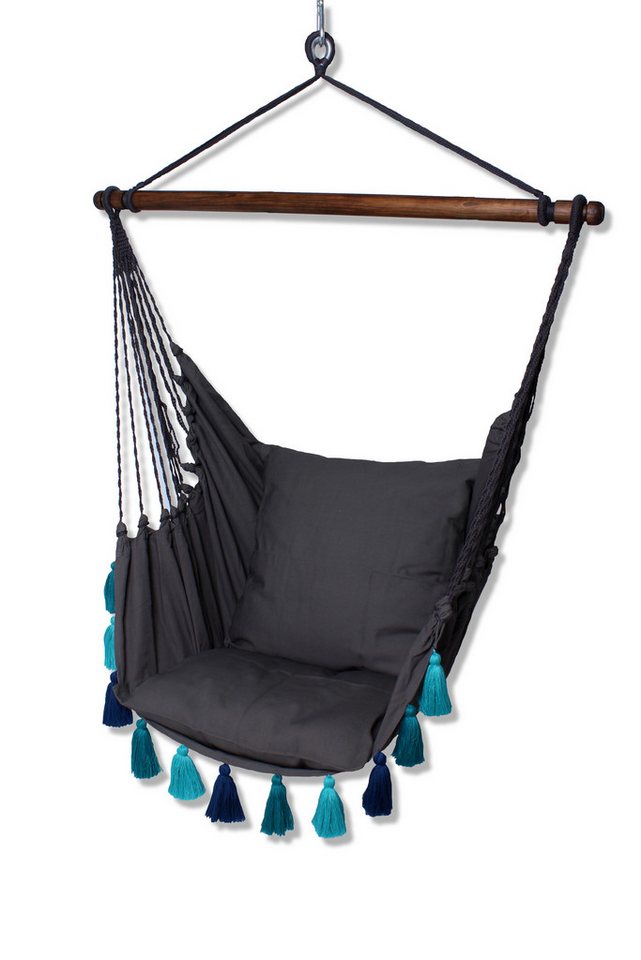 HOBEA-Germany Hängesessel Hängesessel grau mit blauen Quasten (Set Kissen und Sessel, Hängesessel mit passenden Kissen) von HOBEA-Germany