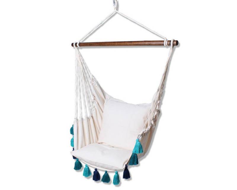 HOBEA-Germany Hängesessel Hängesessel creme mit blauen Quasten (Set Kissen und Sessel, Hängesessel mit passenden Kissen) von HOBEA-Germany