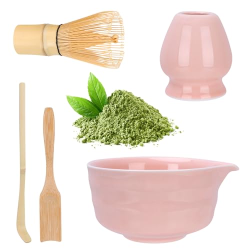 Matcha-Set, Matcha Set Rosa, Matcha-Schüssel mit Ausgießer, Matcha-Rührer und Ständer, Matcha-Löffel, Teelöffel, 5-teiliges Matcha Set Pink für Teeliebhaber von HOBEYO