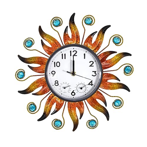 HOBYLUBY Sun Outdoor Uhr mit Thermometer und Hygrometer Combo, Silent No-Ticking Outdoor Wanduhr, wasserdichte Quarzuhr für Terrasse, Wohnzimmer, Küche, Garten, 13 Zoll von HOBYLUBY