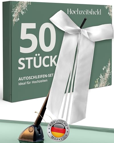 HOCHZEITSHELD Autoschleifen Hochzeit 50 Stück als Hochzeitsdeko Auto - Schöne weiße Schleifen perfekt geeignet als Autoschmuck Hochzeit und zur allgemeinen Hochzeitsdekoration, Auto-Deko Hochzeit von HOCHZEITSHELD