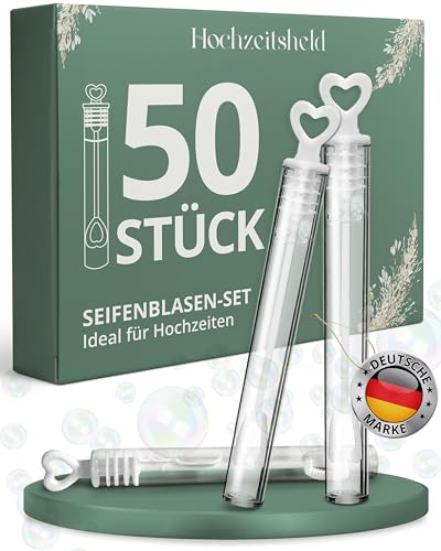 HOCHZEITSHELD Seifenblasen Hochzeit 50 Stück - Perfekt als Hochzeitsdeko oder Gastgeschenke - Befüllte kleine Hochzeitsseifenblasen zur Tischdeko - Wedding Decoration mittels Seifenblasen-Herz-Griff von HOCHZEITSHELD