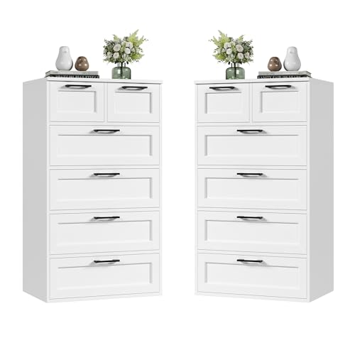 HOCSOK 2 Kommode Weiß, Schlafzimmer Kommode mit 6 Schubladen, Hoch Schubladenschrank Sideboard für Wohnzimmer, Schlafzimmer, Flur, Modern, Holz (2pcs) von HOCSOK