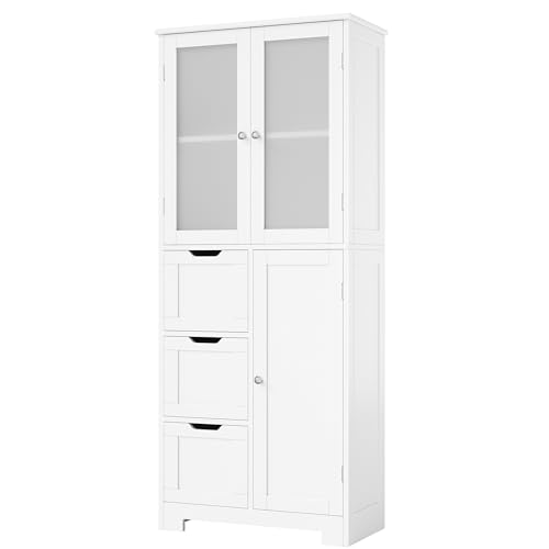 HOCSOK Badezimmerschrank, Badschrank mit 3 Türen und 3 Schubladen, Hochschrank, Weiße Küchenschrank mit Verstellbarer Einlegeboden, Moderner Stil, für Wohnzimmer, Küche, Esszimmer von HOCSOK