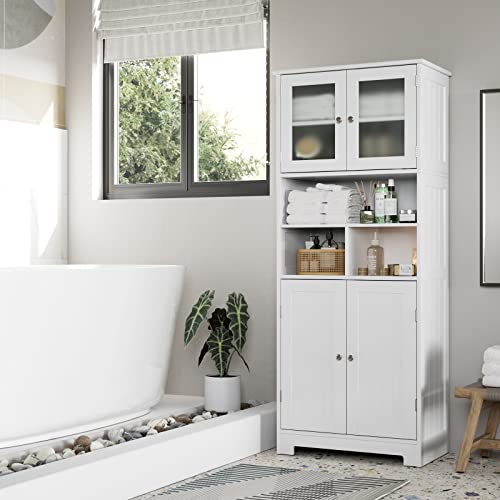 HOCSOK Badezimmerschrank Badschrank mit offenem Fach und 4 Türen Küchenschrank aus Holz mit Verstellbarer Einlegeboden weiß 147.5 x 60 x 30 cm von HOCSOK