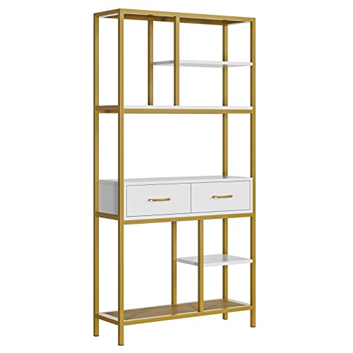 HOCSOK Bücherregal, Büroregal mit 5 Ebenen und 2 Schubladen, Standregal Holz, Industrie, Metallgestell, Aufbewahrungsregal für Büro, Wohnzimmer, Schlafzimmer, Flur, 30 x 90 x 180 cm, (weiß+Gold) von HOCSOK