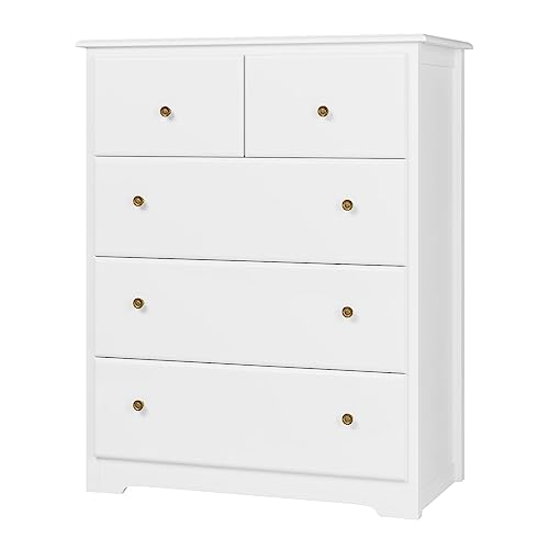 HOCSOK Kommode Weiß, Kommode mit 5 Schubladen, Sideboard Weiss mit Retro-Griffen und viel Stauraum, Schubladenschrank für Wohnzimmer, Schlafzimmer, Flur, 74 x 40 x 94 cm von HOCSOK