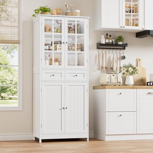 HOCSOK Küchenschrank, 180 cm Buffetschrank mit 2 Glastüren, Hochschrank mit 4 Türen und 2 Schubladen, Mehrzweckschrank für Küche, Esszimmer, Wohnzimmer, Weiß HOCSOK Küchenschrank, 180 cm Buffetschrank mit 2 Glastüren, Hochschrank mit 4 Türen und 2 Schubladen, Mehrzweckschrank für Küche, Esszimmer, Wohnzimmer, Weiß von HOCSOK