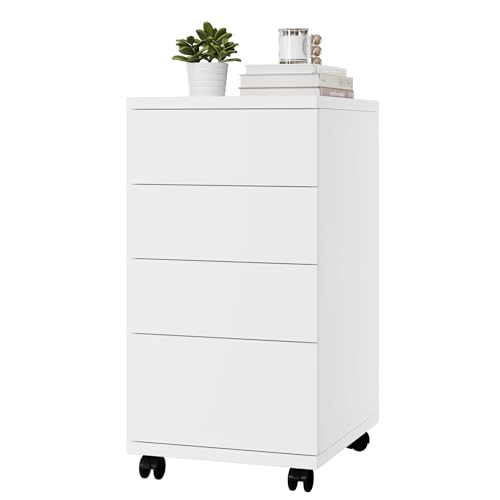 HOCSOK Rollcontainer mit 4 Schubladen, Aktenschrank mit Rollen, Büroschrank, unter dem Schreibtisch, für Zuhause und Büro, weiß, 33 x 39 x 63,5 cm von HOCSOK