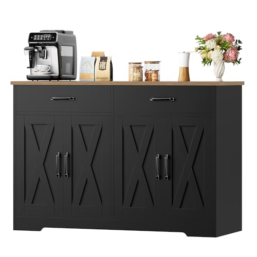 HOCSOK Sideboard, 120cm Breit Küchenschrank mit Arbeitsplatten, Küchenbuffet Aufbewahrungsschrank mit 2 Schubladen und 4 Türen Wohnzimmer, Küche, Flur, Schwarz & Braun von HOCSOK