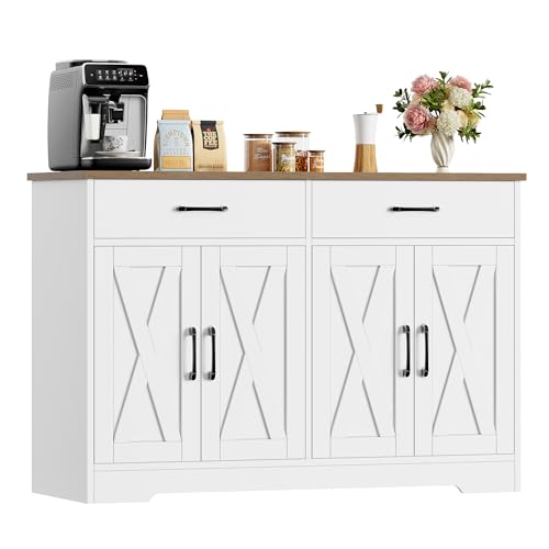HOCSOK Sideboard, 120cm Breit Küchenschrank mit Arbeitsplatten, Küchenbuffet Aufbewahrungsschrank mit 2 Schubladen und 4 Türen Wohnzimmer, Küche, Flur, Weiß & Braun von HOCSOK