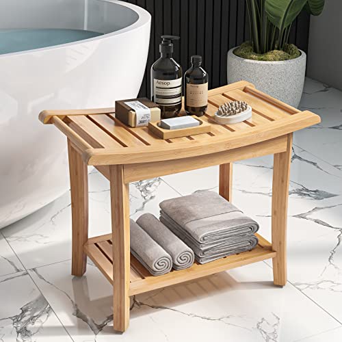 HOCSOK Sitzhocker aus Bambus Sitzbank Bad Duschhocker Wasserfest Rutschfester 2 Etagen, für Zuhause, Badezimmer, Garten, Balkon 60 x 33 x 46 cm, Badezimmermöbel, Natur, mit Seifenschale von HOCSOK