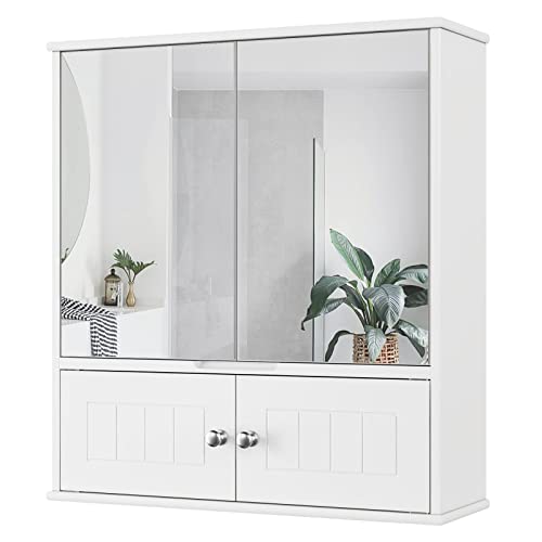 HOCSOK Spiegelschrank, Badezimmerschrank mit Spiegel, Hängeschrank mit 2 Spiegeltüren und 2 Holztüren, Verstellbaren Ablage, fürs Bad, Dusche Raum, Weiß, 60 x 17.5 x 55 cm von HOCSOK