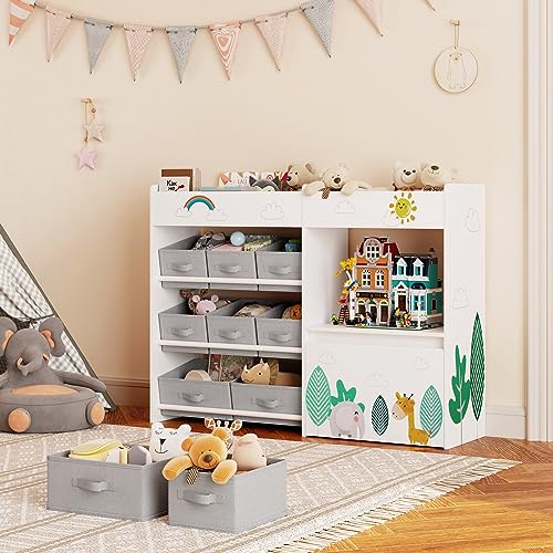 HOCSOK Spielzeugregal, Kinderregal mit 10 Stoff Aufbewahrungsboxen, Bücherregal, Spielzeugkiste auf Rollen, Spielzeug-Organizer im Kinderzimmer, Weiß von HOCSOK