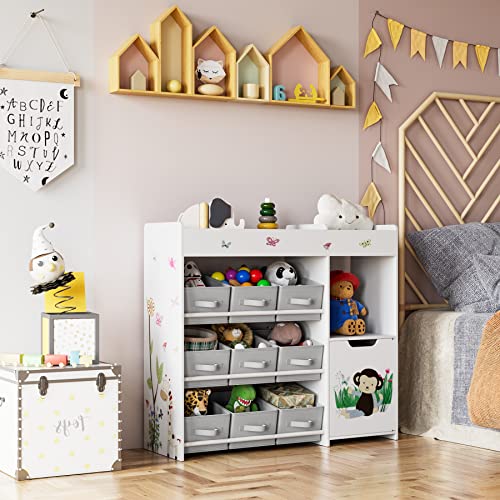 HOCSOK Spielzeugregal Kinderregal mit 9 Aufbewahrungsboxen Spielzeug-Organizer Viel Stauraum Bücherregal Kinderzimmer Holz Weiß 90 x 80 x 29,5 cm von HOCSOK