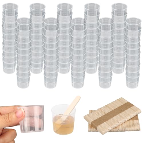 100 Stück Mischbecher Klein, 30ML Mini Messbecher Mit 100 Stk Holzstäbchen, Transparente Farbmischbecher für Harz, Stain, Epoxy und Farbe von HOCUCHELAND