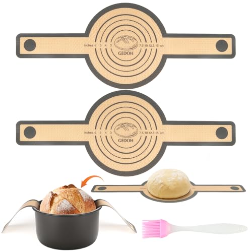2 Stück Silikon Backmatte für Dutch Oven, Silikonmatte Backen mit Langen Griffen, Backunterlage Silikon mit 3 Schaber und 1 Gewürzpinsel, Antihaft Wiederverwendbar Backmatte Brot für Kekse Teig von HOCUCHELAND