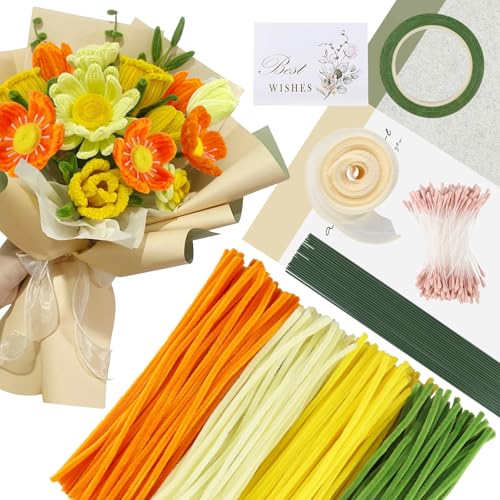 300 Stück Pfeifenreiniger Blumen, 4 Farben Pfeifenreiniger zum Basteln, Muttertagsgeschenk, Pfeifenreiniger Blumenstrauß, Pfeifenputzer Blumen für Sonnenblumensträußen Muttertagsgeschenke für Mama von HOCUCHELAND
