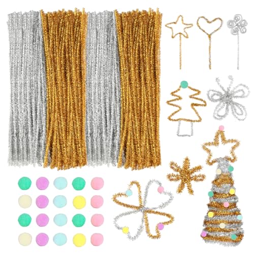 300 Stück Pfeifenreiniger, Pfeifenputzer zum Basteln mit 20 Plüschbällen, Pfeiffenputzer Gold Silber Glitzer Chenilledraht Pfeifenreiniger für Kinder zum Basteln Craft Projekt Deko von HOCUCHELAND