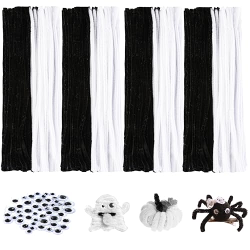300 Stück Pfeifenreiniger zum Basteln, 200 Pfeifenputzer Schwarz und 100 Pfeifenreiniger Weiß, Chenilledraht mit 50 Selbstklebend Wackelaugen in 5 Größen für Halloween Handwerk Dekoration von HOCUCHELAND