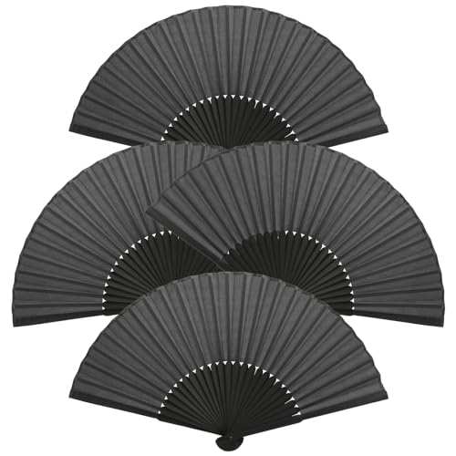 4 Stück Handfächer Schwarz, Chinesische Faltventilator Fächer, Handheld Fächer Silk Fächer Hochzeit Damen, Faltventilator Handfächer, Fecher Damen für Geburttag Party Wedding Wand Deko von HOCUCHELAND