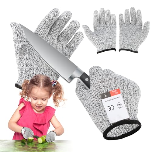 HOCUCHELAND 2 Paar Schnittschutzhandschuhe Kinder, Level 5 Schutz Schnittfeste Handschuhe Kinder mit Hoher Komfort & Dehnbares Material, Schnitzhandschuhe Verschleißfest für 3-8 Jährige von HOCUCHELAND