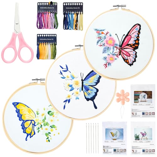 HOCUCHELAND 3 stück Stickerei Set Anfänger, Schmetterling Stickset für Anfänger, Stickerei Set mit Reifen, Bestickten Stoff, Farbfäden, Schere, Nadeln, Sticken für Anfänger DIY Kunst Handwerk Nähen von HOCUCHELAND