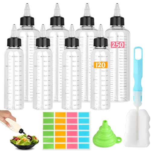 HOCUCHELAND Quetschflasche, 8 stück Plastik Squeeze Flasche 120ml/250ml, Dosierflasche mit Spitzenkappe und Skala, Kein Leck Saucenflasche mit Trichtern Etiketten Bürsten für Malen, Backen, Ketchup HOCUCHELAND Quetschflasche, 8 stück Plastik Squeeze Flasche 120ml/250ml, Dosierflasche mit Spitzenkappe und Skala, Kein Leck Saucenflasche mit Trichtern Etiketten Bürsten für Malen, Backen, Ketchup von HOCUCHELAND