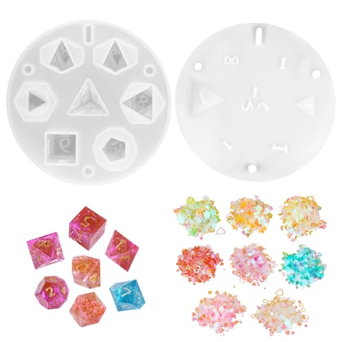 Würfel Silikonform, 7 Formen Siliconformen mit 8 Bunten Pailletten, Würfelform Resin Silikonform, Cube Würfel Siliconformen Set mit Zahlen D4, D6, D8, D10, D12, D20 von HOCUCHELAND