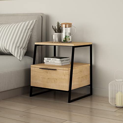 Hocuspicus Nachttisch mit 1 Schublade und 1 offenem Stauraum | Sofabeistelltisch | Metalldesignbeine | Nachttisch mit Stauraum | Schlafzimmermöbel | Wohnzimmer | Büro |40(T) x50(H) cm (Eiche) von Hocuspicus