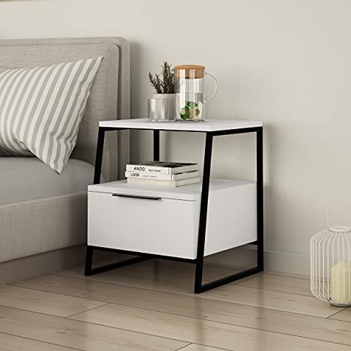 Hocuspicus Nachttisch mit 1 Schublade und 1 offenem Stauraum | Sofabeistelltisch | Metalldesignbeine | Nachttisch mit Stauraum | Schlafzimmermöbel | Wohnzimmer | Büro |40(T) x50(H) cm (Weiß) von Hocuspicus