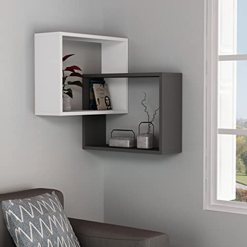 Hocuspicus | Ring Eckregal mit 2 Ebenen | Modernes Dekoratives Wandregal, Schweberegal, Bücherregal für Küche, Wohnzimmer, Arbeitszimmer, Schlafzimmer | 20 x 60 x 68 cm | Weiß - Anthrazit von Hocuspicus