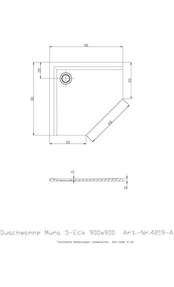 HOESCH Badewanne Fünfeck-Duschwanne MUNA ultraflach 900 x 900 x 30 mm weiß von HOESCH