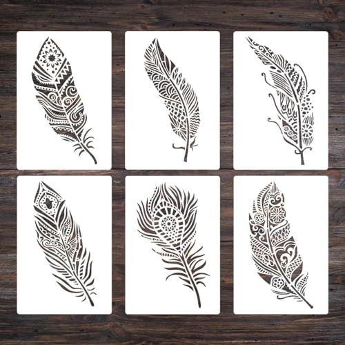 Schablonen zum Basteln, 6 Stück, 26 cm, Federn, wiederverwendbare Kunststoffvorlagen für Holz, Wand, Stoff, Leinwand, Möbel, Boden, Stein, Karte von HOFALUYUSUN