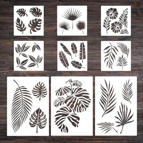 Schablonen zum Basteln, A4, 29 cm, grüne Pflanzenblätter, wiederverwendbare Kunststoffvorlagen für Holz, Wand, Stoff, Leinwand, Möbel, Boden, Stein, Karten, 9 Stück von HOFALUYUSUN