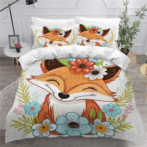 HOFFTI Bettwäsche 135x200 Kinder Fuchs-Cartoon Bettwäsche Set 3 Teilig Weiche Mikrofaser 3D Druck Süße Tiere Bettbezüge 135x200 cm Mit Reißverschluss Et 2 Kissenbezüge 80x80,Bettwaren von HOFFTI