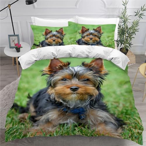 HOFFTI Bettwäsche 135x200 Kinder Yorkshire-Terrier Bettwäsche Set 3 Teilig Weiche Mikrofaser 3D Druck Tier Bettbezüge 135x200 cm Mit Reißverschluss Et 2 Kissenbezüge 80x80,Bettwaren von HOFFTI