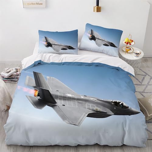 HOFFTI Bettwäsche Set Tarnkappenjäger F-35 des US-Militärs Bettwäsche 3 Teilig Weiche Mikrofaser 3D Druck Flugzeug Bettbezüge 155x220 cm Mit Reißverschluss Et 2 Kissenbezüge 80x80,Bettwaren von HOFFTI