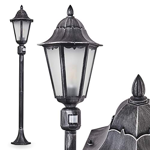 Außenleuchte Lignac Frost m. Bewegungsmelder, Wegeleuchte in antikem Look, Aluguß in Schwarz/Silber mit Klarglas-Scheiben, Stehleuchte 118 cm, Retro/Vintage Gartenlampe, E27, IP44, ohne Leuchtmittel von HOFSTEIN