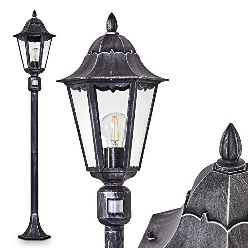 Außenleuchte Lignac m. Bewegungsmelder, Wegeleuchte in antikem Look, Aluguß in Schwarz/Silber mit Klarglas-Scheiben, Stehleuchte 118 cm, Retro/Vintage Gartenlampe, E27-Fassung, IP44, ohne Leuchtmittel von HOFSTEIN