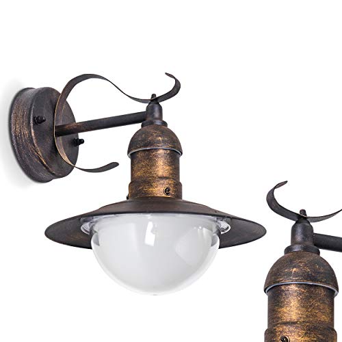 Außenwandleuchte Broni, Wandlampe abwärts in antikem Look aus Metall u. Kunststoff in Braun/Gold, Wandleuchte m. E27-Fassung, Retro/Vintage Außenleuchte für Terrasse u. Hof, ohne Leuchtmittel von HOFSTEIN