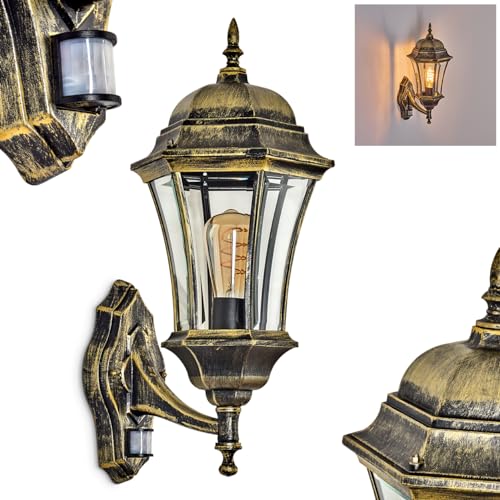 Außenwandleuchte Etoe, Wandlampe mit Bewegungsmelder in antikem Look aus Metall/Glas in Gold-Braun/Klar, Wandleuchte 1x E27, Landhaus Außenleuchte für Terrasse, Veranda u. Hof, IP44, ohne Leuchtmittel von HOFSTEIN