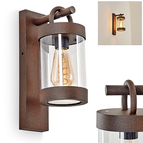 Außenwandleuchte Fulham, moderne Wandleuchte aus Metall/Kunststoff in Rostfarben/Klar, Wandlampe für Balkon/Terrasse mit Dämmerungssensor und An-/Ausschalter am Gehäuse, 1 x E27, ohne Leuchtmittel von HOFSTEIN