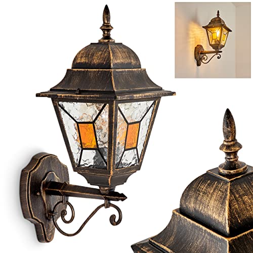 Außenwandleuchte Halla, Außenleuchte aus Metall/Glas in Schwarz/Gold-antik und Klar/Orange, Vintage Wandlampe mit Lichteffekt für Terrasse/Hof/Eingangsbereich, 1 x E27, ohne Leuchtmittel, IP44 von HOFSTEIN