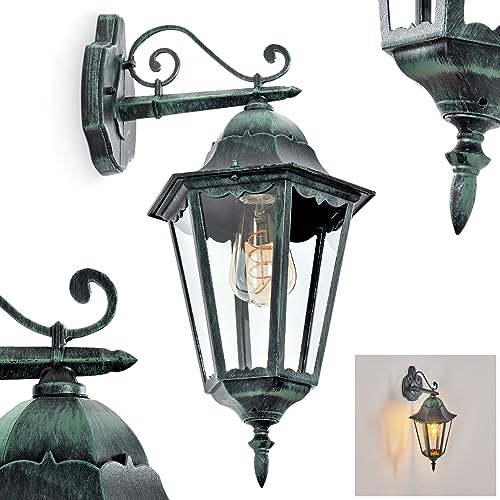 Außenwandleuchte Hongkong, Wandlampe abwärts in antikem Look aus Metall/Glas in Schwarz-Grün/Klar, Wandleuchte im Retro/Vintage Design, Außenleuchte für Terrasse/Veranda, E27, ohne Leuchtmittel von HOFSTEIN