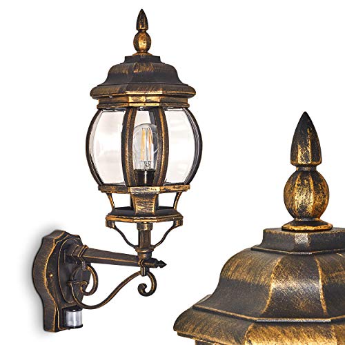 Außenwandleuchte Lentua m. Bewegungsmelder, Wandlampe aufwärts in antikem Look, Aluguß in Braun/Gold m. Kunststoff-Scheiben, Wandleuchte für Terrasse/Hof m. E27-Fassung, max. 60 Watt, Retro/Vintage von HOFSTEIN