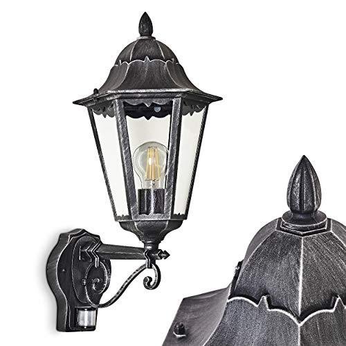 Außenwandleuchte Lignac m. Bewegungsmelder, Wandlampe aufwärts in antikem Look, Aluguß in Schwarz/Silber m. Klarglas-Scheiben, Wandleuchte für Terrasse/Hof m. E27-Fassung, Vintage, ohne Leuchtmittel von HOFSTEIN