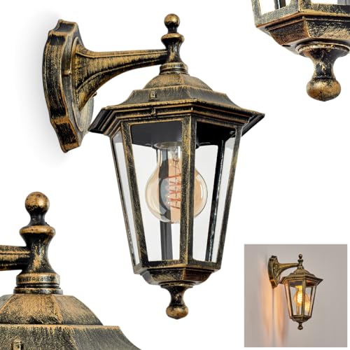 Außenwandleuchte Loria, Wandlampe abwärts in antikem Look aus Metall/Glas in Schwarz/Goldfarben/Klar, Wandleuchte im klassischen Landhaus-Stil, Außenleuchte für Terrasse, E27, ohne Leuchtmittel, IP44 von HOFSTEIN