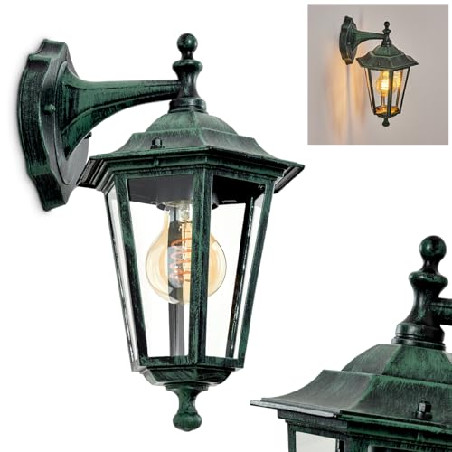 Außenwandleuchte Loria, Wandlampe abwärts in antikem Look aus Metall/Glas in Schwarz/Gün/Klar, Wandleuchte im Landhaus-Stil, Außenleuchte für Terrasse, E27, ohne Leuchtmittel, IP44 von HOFSTEIN