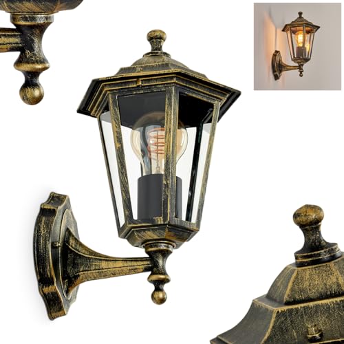 Außenwandleuchte Loria, Wandlampe aufwärts in antikem Look aus Metall/Glas in Schwarz-Goldfarben/Klar, Wandleuchte im Landhaus-Stil, Außenleuchte für Terrasse, E27, ohne Leuchtmittel, IP44 von HOFSTEIN